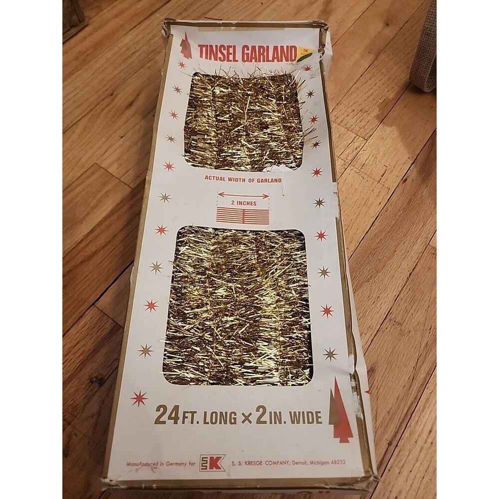 Vintage USA Kresge Co Christmas Tinsel Gold flameproof 24 ft  x 2"